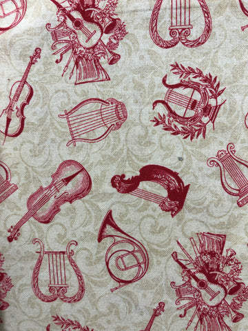Red/maroon music instruments on old gold background(sold in 25cm units)
