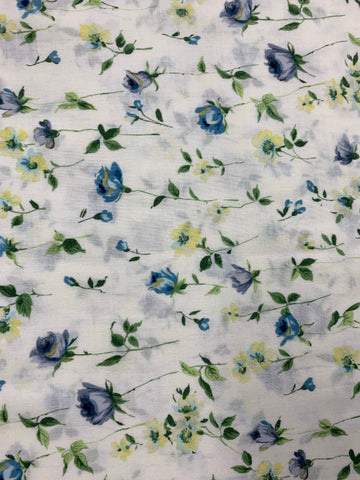 Roses - Dainty blue and soft yellow roses on white back ground (sold in 25cm units)