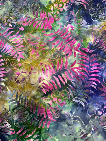 Forest fairy - pink blue green - flowers and fern - Batik