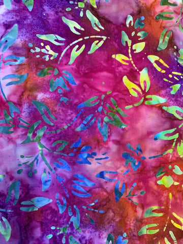 Bright pink purple with yellow/green leaves - Batik (sold in 25cm units)