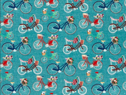 Bicycles multicolor - teal background - 160cm wide