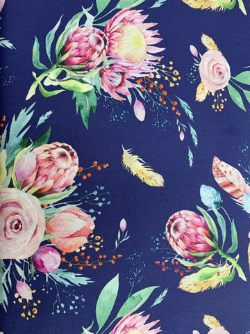 Summer roses and proteas on dark blue background - 150cm wide