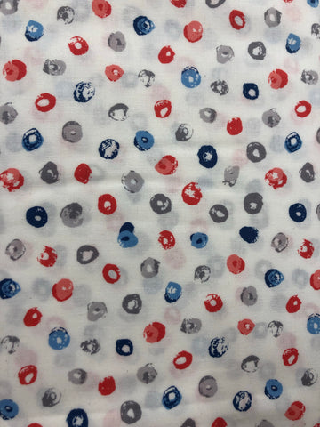 Paint dots blue, grey and pink/red on white background